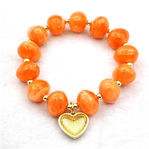 Orange Resin Bracelet With Heart Pendant Stretchy Gold Plated, approx 18mm, 13-16mm, 24cm length [FR12160]
