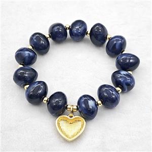 Darkblue Resin Bracelet With Heart Pendant Stretchy Gold Plated, approx 18mm, 13-16mm, 24cm length [FR12161]