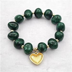 Darkgreen Resin Bracelet With Heart Pendant Stretchy Gold Plated, approx 18mm, 13-16mm, 24cm length [FR12162]