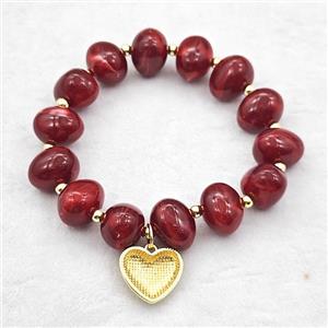 Red Resin Bracelet With Heart Pendant Stretchy Gold Plated, approx 18mm, 13-16mm, 24cm length [FR12163]