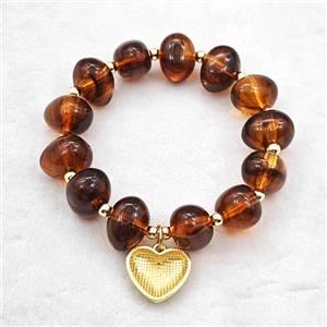 Ambercoffee Resin Bracelet With Heart Pendant Stretchy Gold Plated, approx 18mm, 13-16mm, 24cm length [FR12164]
