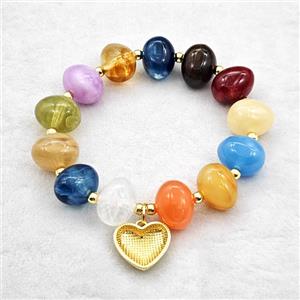 Resin Bracelet With Heart Pendant Stretchy Multicolor Gold Plated, approx 18mm, 13-16mm, 24cm length [FR12165]