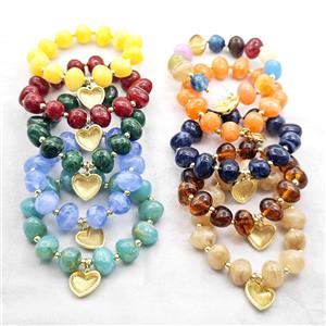 Resin Bracelet With Heart Pendant Stretchy Gold Plated Mixed, approx 18mm, 13-16mm, 24cm length [FR12166]