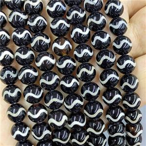 Black Tibetan Agate Beads Smooth Round Wave, approx 8mm [GA3695-8MM]