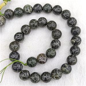 Chinese Huaxiu Jade Round Beads Carved Black Dye, approx 14mm [GA3805]