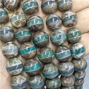 Tibetan Agate Round Beads Green Smooth Line, approx 14mm [GA4053]