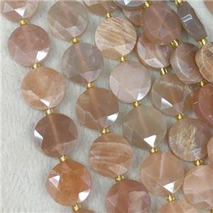 Natural Sunstone Coin Beads Faceted Peach, approx 15mm [GB23212]