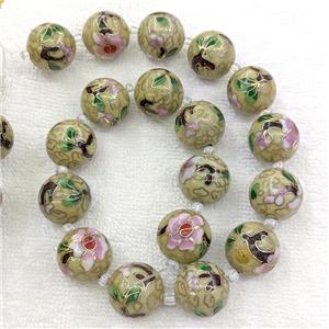 Olive Cloisonne Copper Round Beads Flower, approx 18mm dia [GB23319]