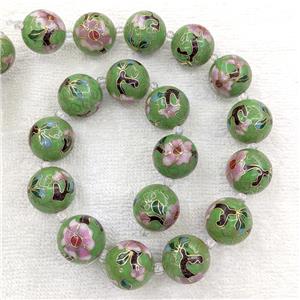 Green Cloisonne Copper Round Beads Flower, approx 18mm dia [GB23320]