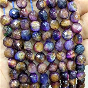 Tiger Eye Stone Beads Multicolor Dye Faceted Coin, approx 8mm [GB23347]