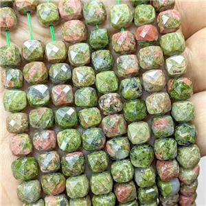 Natural Unakite Beads Faceted Cube Green, approx 6.5-8mm [GB23362]