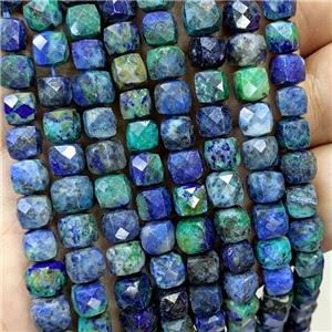 Natural Azurite Beads Blue Green Dye Faceted Cube, approx 6-8mm [GB23397]