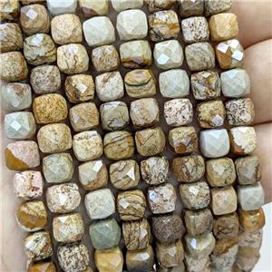 Natural Picture Jasper Beads Faceted Cube, approx 6-8mm [GB23408]