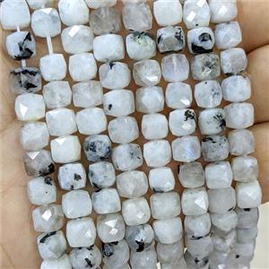 Natural White Moonstone Beads Blue Flash Faceted Cube B-Grade, approx 6-8mm [GB23418]