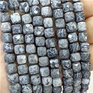 Natural Gray Map Jasper Beads Faceted Cube, approx 6-8mm [GB23422]