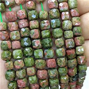 Natural Unakite Beads Faceted Cube, approx 6-8mm [GB23433]