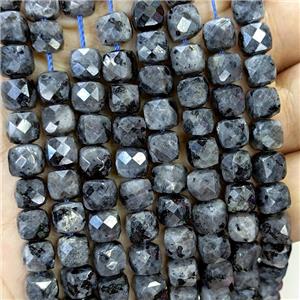 Natural Black Labradorite Beads Larvikite Faceted Cube, approx 6-8mm [GB23435]