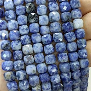 Natural Blue Dalmatian Jasper Beads Faceted Cube, approx 6-8mm [GB23448]