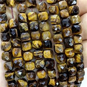 Natural Tiger Eye Stone Beads Faceted Cube, approx 6-8mm [GB23460]