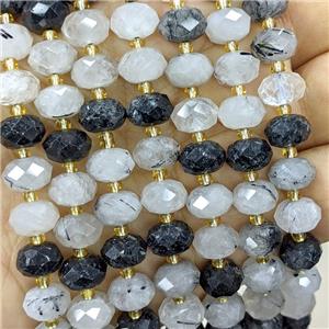 Natural Black Rutilated Quartz Beads Faceted Rondelle, approx 6-10mm [GB23526]