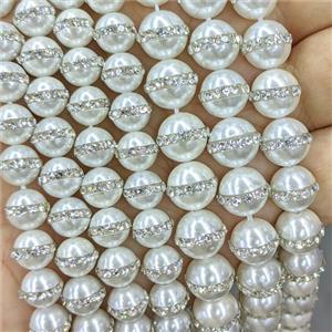 White Pearlized Shell Round Beads Pave Rhinestone, approx 8mm [GB24056-8MM]
