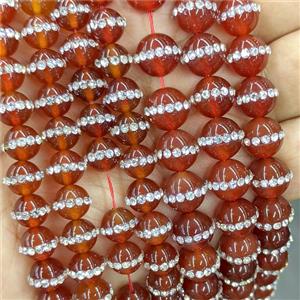 Red Dye Agate Round Beads Pave Rhinestone, approx 10mm [GB24058-10MM]