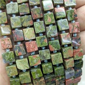 Natural Unakite Cube Beads, approx 8mm [GB24070]