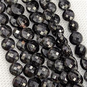 Natural Black Tourmaline Button Beads Faceted Coin, approx 8mm [GB24453]