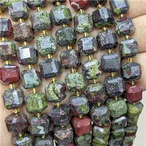 Natural Dragon Bloodstone Beads Faceted Cube Green, approx 10-12mm [GB24640]