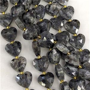 Natural Black Labradorite Heart Beads Faceted, approx 14mm [GB25238]
