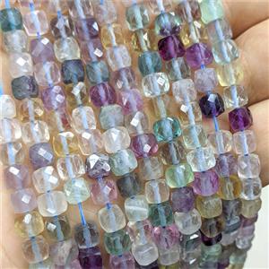 Natural Fluorite Beads Multicolor Faceted Cube, approx 6-7mm [GB25831]