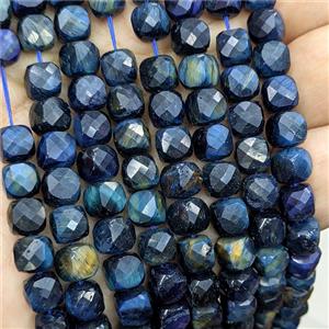 Natural Tiger Eye Beads Blue Dye Faceted Cube, approx 7-8mm [GB25838]