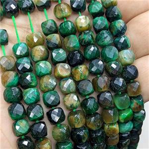 Natural Tiger Eye Beads Green Dye Faceted Cube, approx 7-8mm [GB25839]
