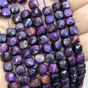 Natural Tiger Eye Beads Purple Dye Faceted Cube, approx 7-8mm [GB25841]