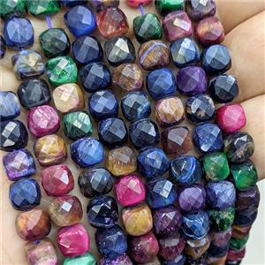 Natural Tiger Eye Beads Dye Faceted Cube Mixed Color, approx 7-8mm [GB25842]