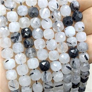 Natural Black Rutilated Quartz Beads Faceted Cube, approx 7-8mm [GB25849]