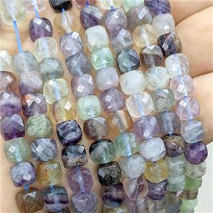 Natural Fluorite Beads Multicolor Faceted Cube, approx 7-8mm [GB25852]