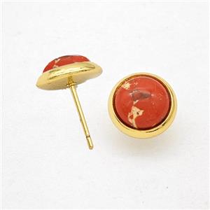 Red Dye Imperial Jasper Stud Earrings Copper Gold Plated, approx 10mm [GM24597]