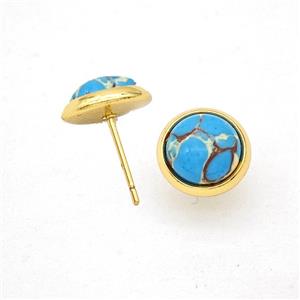 Blue Dye Imperial Jasper Stud Earrings Copper Gold Plated, approx 10mm [GM24599]
