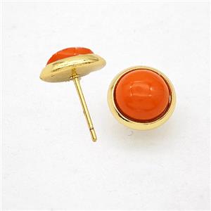 Orange Synthetic Turquoise Stud Earrings Copper Gold Plated, approx 10mm [GM24603]