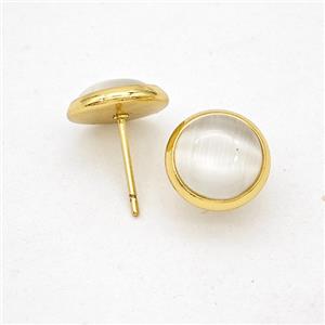 White Cateye Stone Stud Earrings Copper Gold Plated, approx 10mm [GM24610]