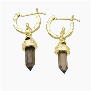 Copper Leaveback Earrings With Smoky Quartz Gold Plated, approx 4-20mm, 14mm dia [GM24642]