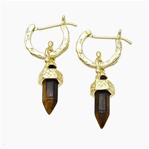 Copper Leaveback Earrings With Tiger Eye Stone Gold Plated, approx 4-20mm, 14mm dia [GM24648]