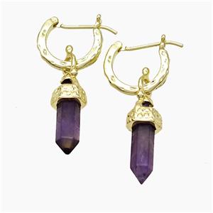 Copper Leaveback Earrings With Amethyst Gold Plated, approx 4-20mm, 14mm dia [GM24649]