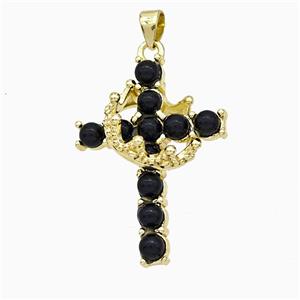 Copper Crown Cross Pendant Pave Black Obsidian Gold Plated, approx 20-25mm [GM24661]