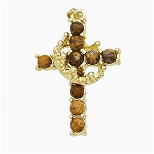 Copper Crown Cross Pendant Pave Picture Jasper Gold Plated, approx 20-25mm [GM24663]