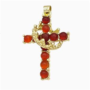 Copper Crown Cross Pendant Pave Red Carnelian Agate Gold Plated, approx 20-25mm [GM24664]