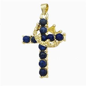 Copper Crown Cross Pendant Pave Lapis Lazuli Gold Plated, approx 20-25mm [GM24665]