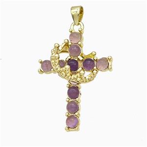 Copper Crown Cross Pendant Pave Amethyst Gold Plated, approx 20-25mm [GM24666]