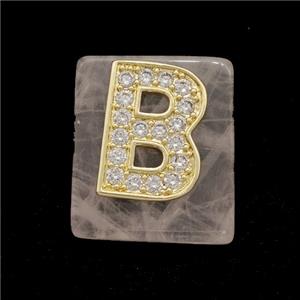 Rose Quartz Square Pendant With Copper Letter-B Pave Zirconia Gold Plated, approx 18mm [GM24709]